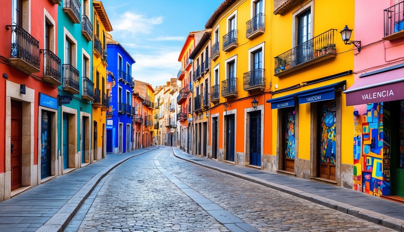 Cobblestone street lined with colorful buildings in Valencia, Spain