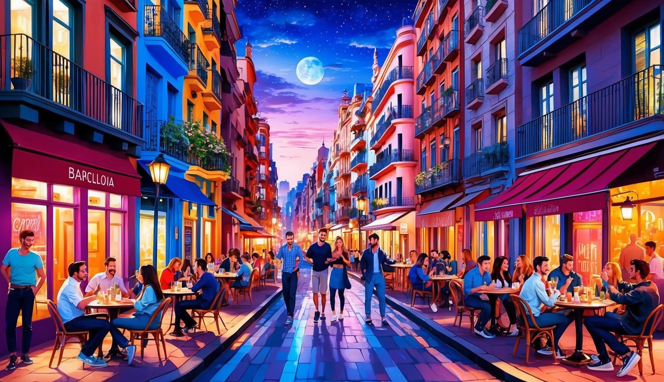 Colorful street scene with cafes, people, and a full moon at night