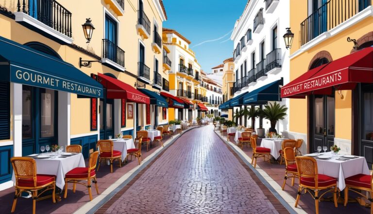 European street with restaurants, tables, chairs, and awnings under a blue sky