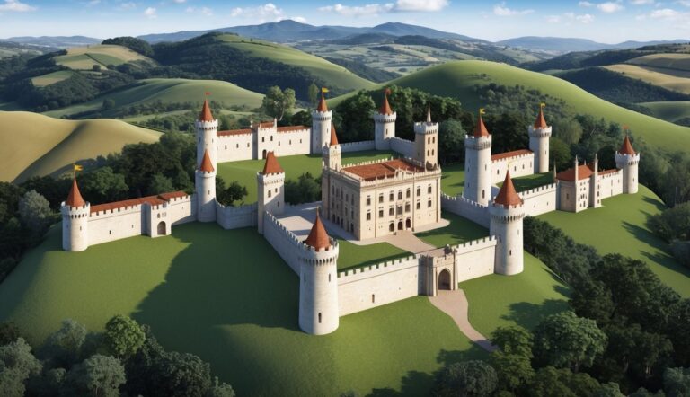 Aerial view of a castle with towers and red roofs on a hill