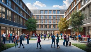 Students walking and socializing in a modern university courtyard with buildings