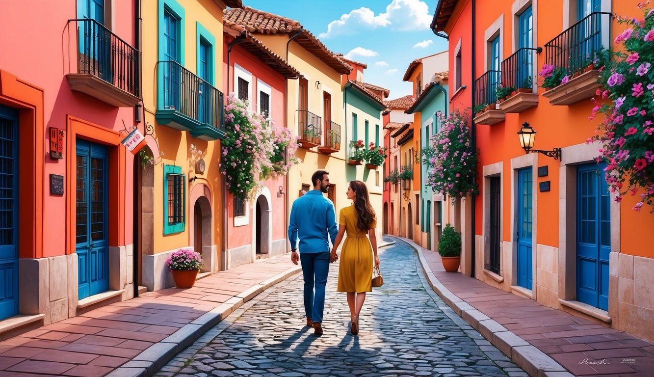Couple walking hand-in-hand down a colorful cobblestone street lined with buildings