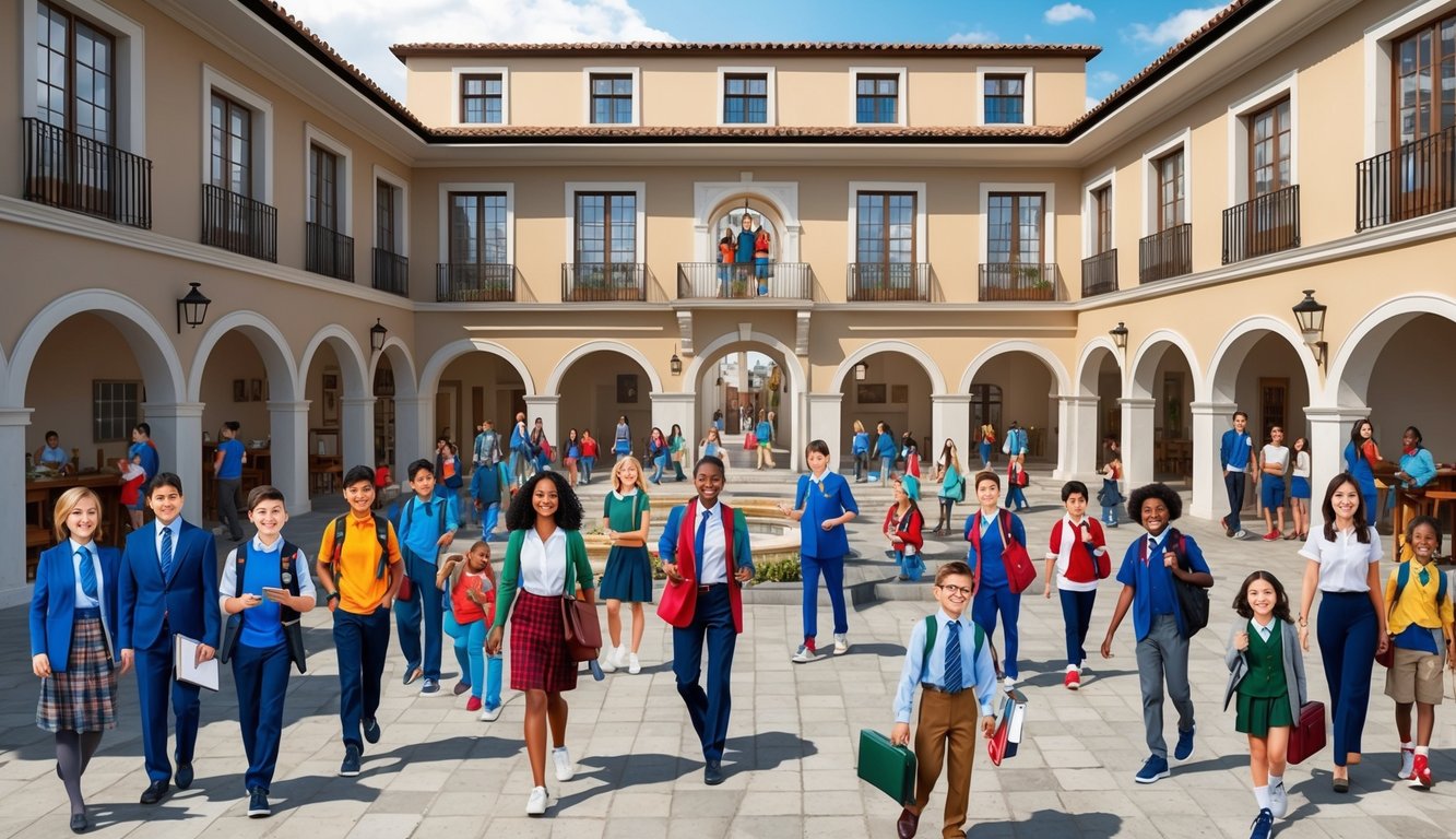 A bustling courtyard with diverse students and teachers at 6 top-rated international schools in Spain