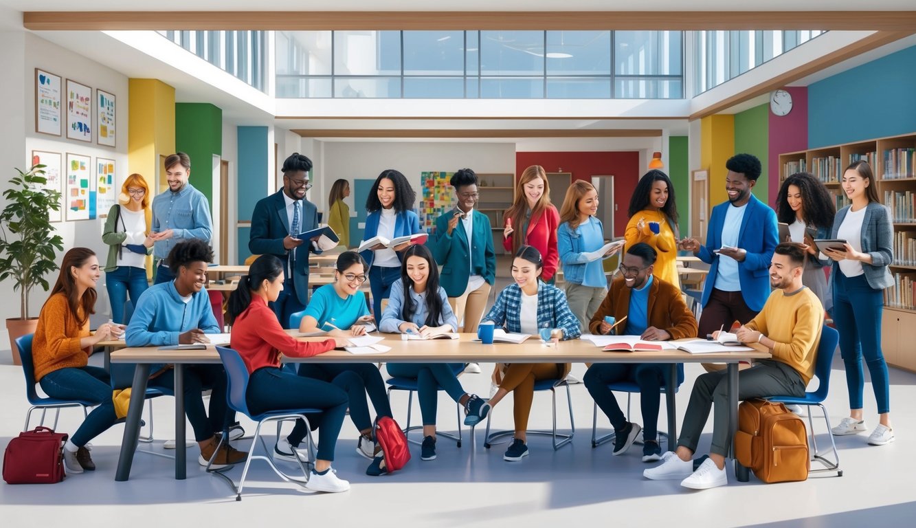 A group of diverse students engage in learning and socializing at a modern international school campus in Spain