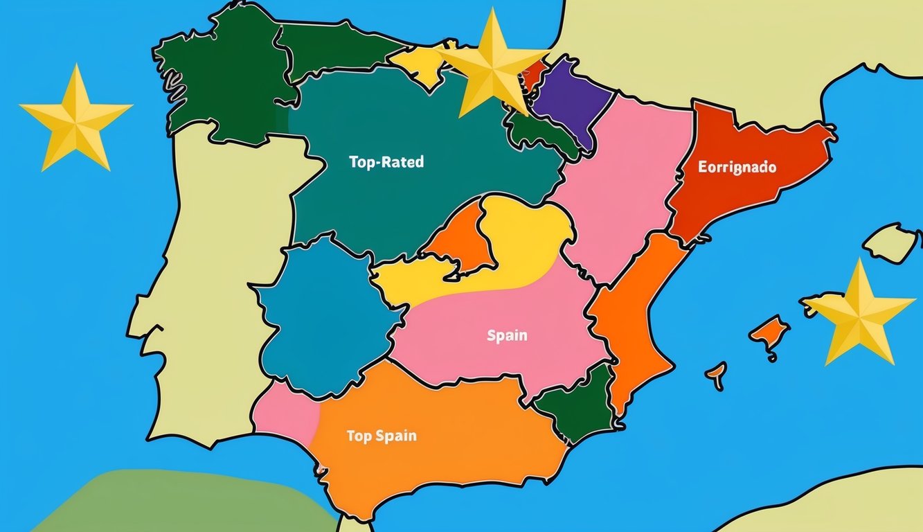 A colorful map of Spain with six prominent stars marking the locations of top-rated international schools
