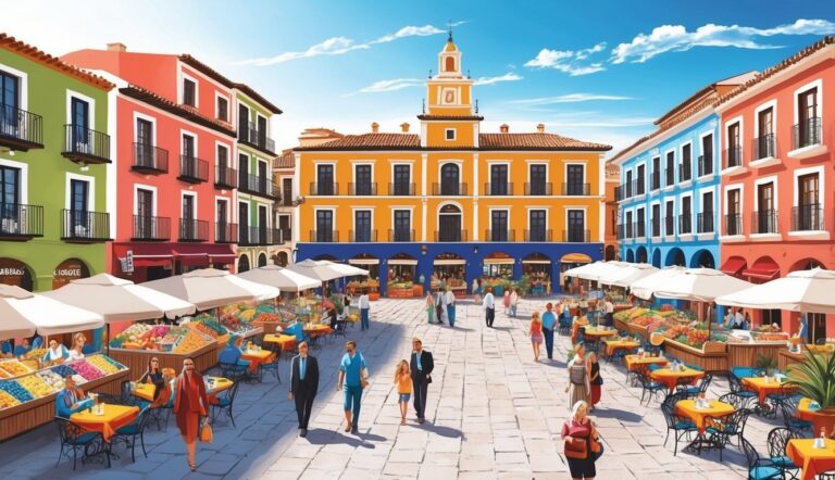 Colorful European town square with market stalls, restaurants, and people walking