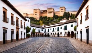 Cobblestone street with white buildings and the Alhambra in the background
