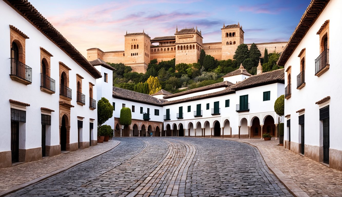 Cobblestone street with white buildings and the Alhambra in the background
