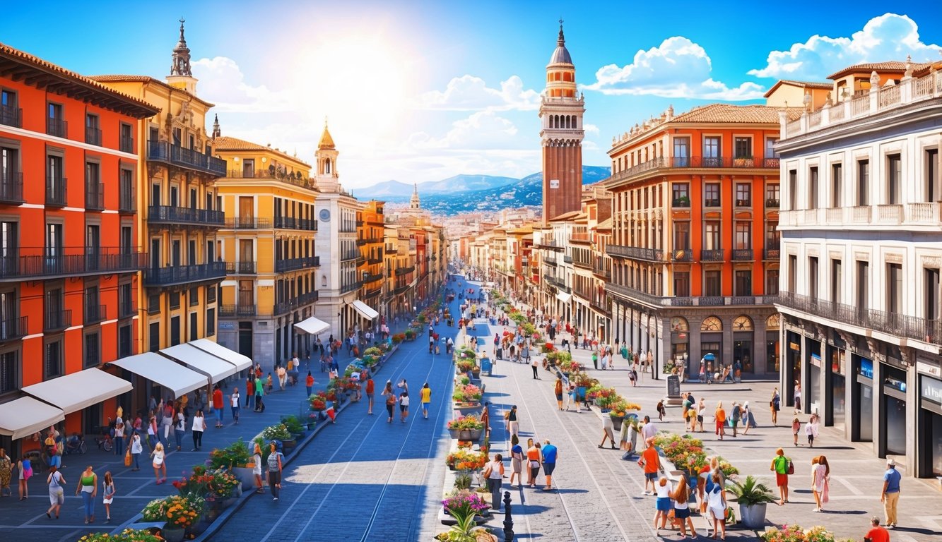 Busy European street with colorful buildings, people, and a tall tower