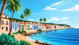 Colorful seaside buildings, palm trees, and blue water under a bright sky