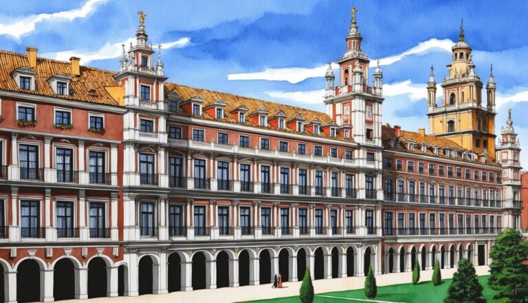 Watercolor painting of a grand building with towers and arched colonnade