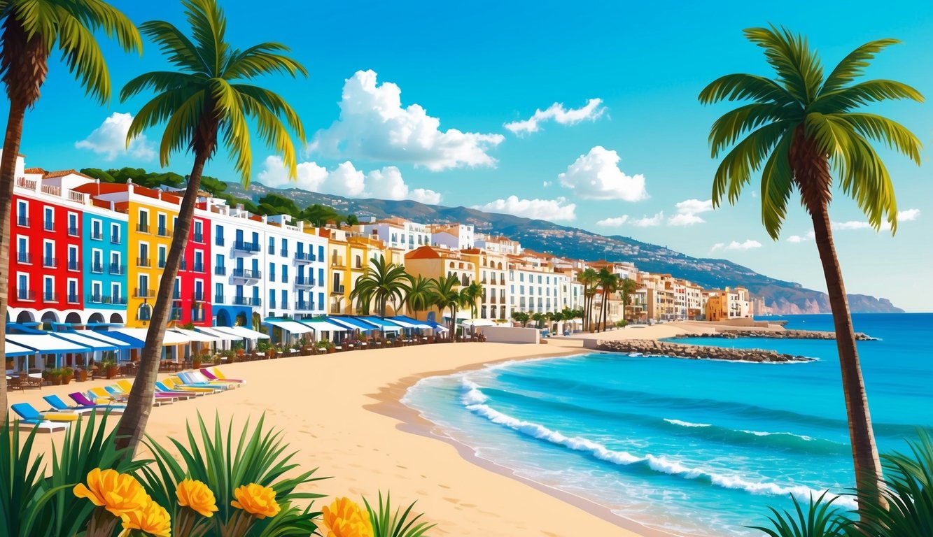 A serene coastal town in Spain with colorful buildings, palm trees, and a sandy beach overlooking the clear blue waters of the Mediterranean Sea