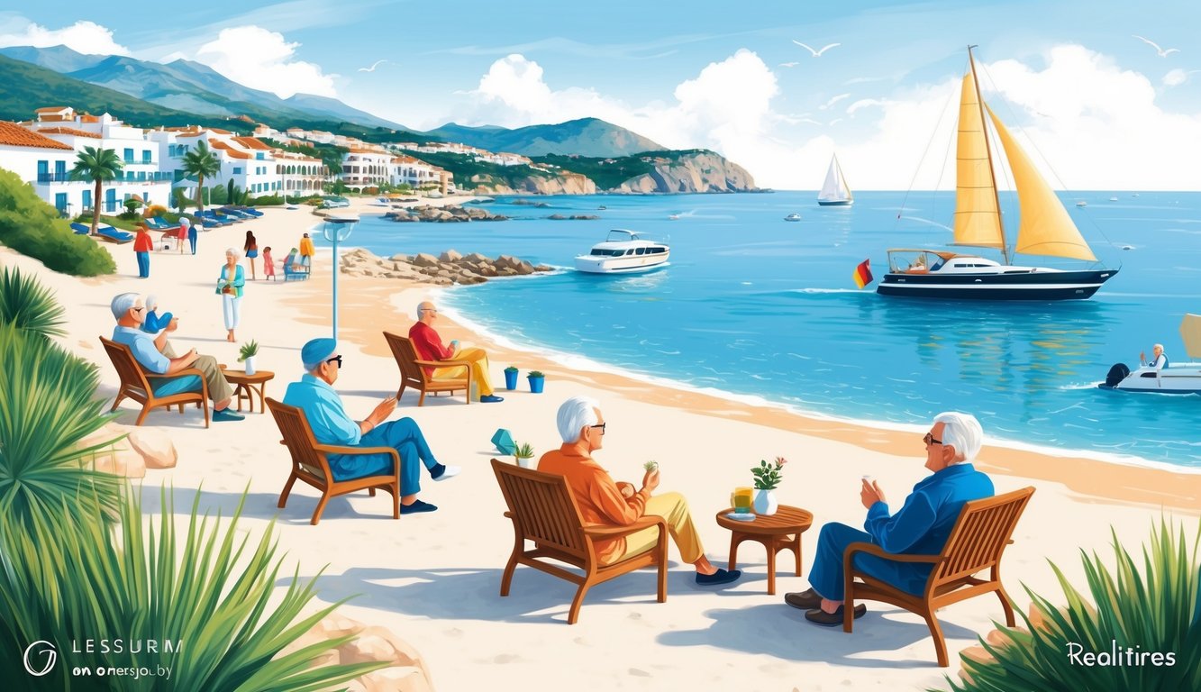 A serene coastal scene with retirees enjoying various healthcare and services in idyllic retirement spots in Spain