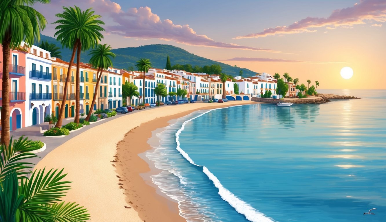 A serene coastal town in Spain with palm trees, sandy beaches, and colorful houses lining the waterfront. The sun sets over the calm, azure sea