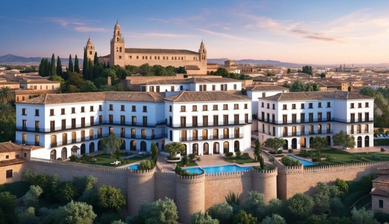 White buildings with a pool and a large cathedral in the background