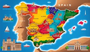 Colorful illustrated map of Spain with landmarks and surrounding sea
