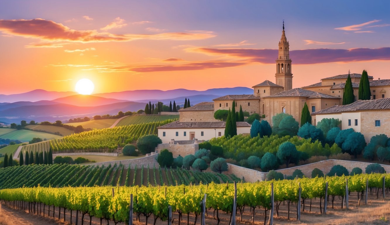The sun sets over a picturesque Spanish landscape, with rolling hills, vineyards, and historic architecture. The sky is painted with warm hues, creating a perfect backdrop for a peaceful evening in Spain
