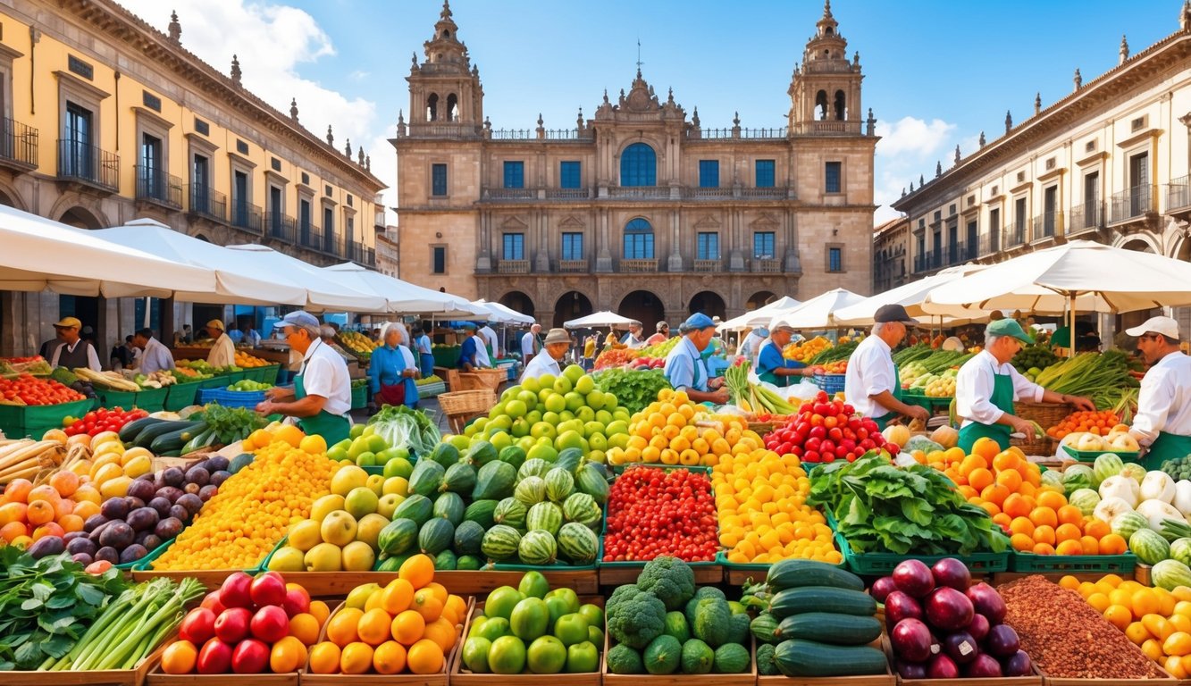 A bustling outdoor market filled with colorful fruits, vegetables, and spices, with a backdrop of historic Spanish architecture