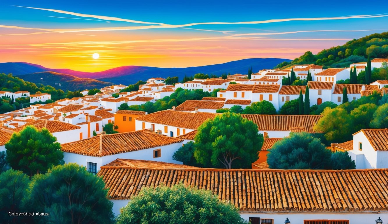 White houses with orange roofs on a hillside at sunset