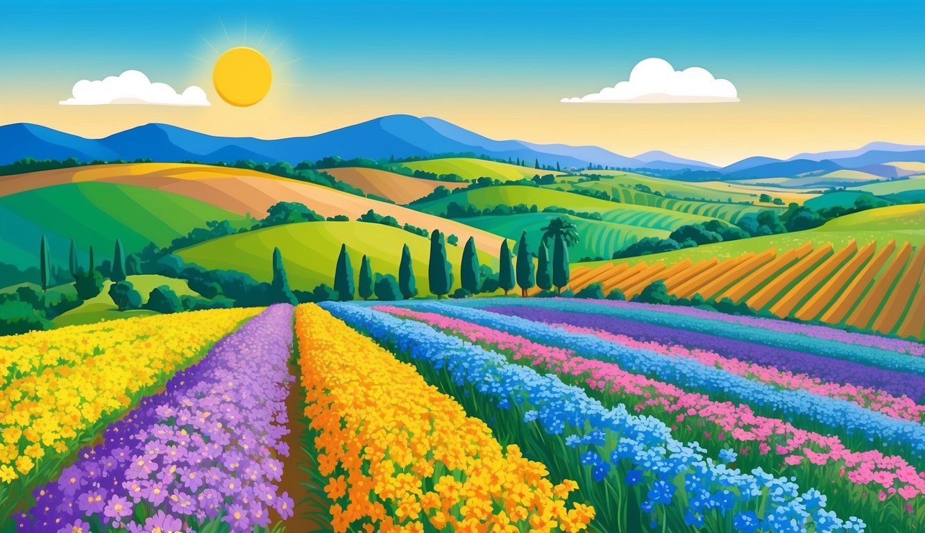 Vibrant landscape of Southern Spain with clear blue skies, rolling hills, and colorful fields of blooming flowers. A warm sun shines down on the picturesque countryside