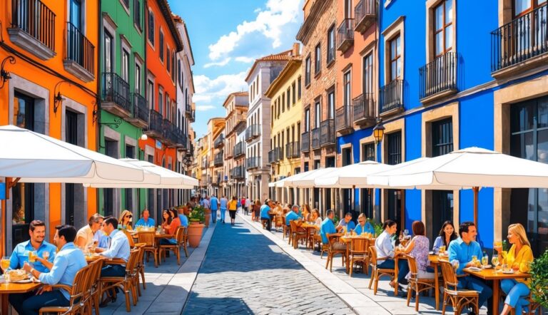 Colorful buildings line a street with outdoor cafes and people dining