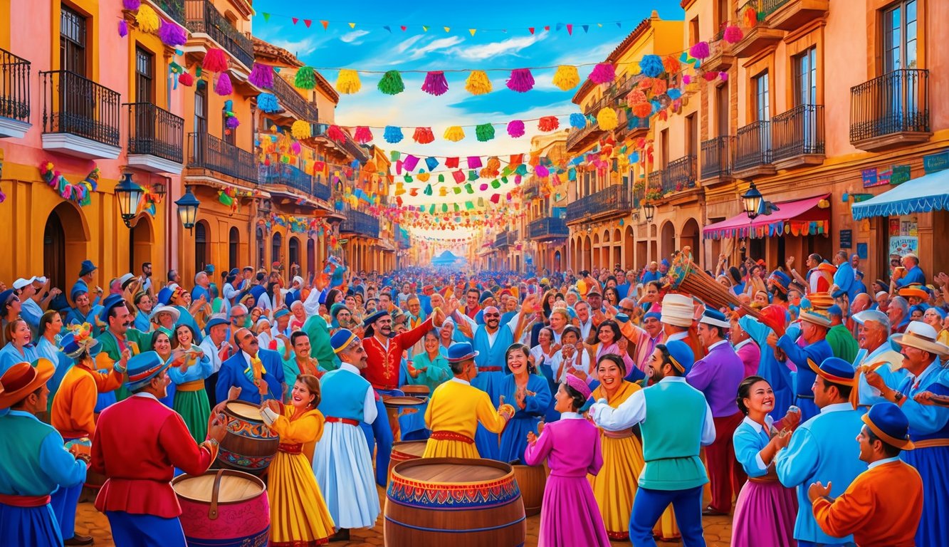 A vibrant scene of lively festivals and events in Southern Spain, with colorful decorations, traditional music, and joyful crowds celebrating