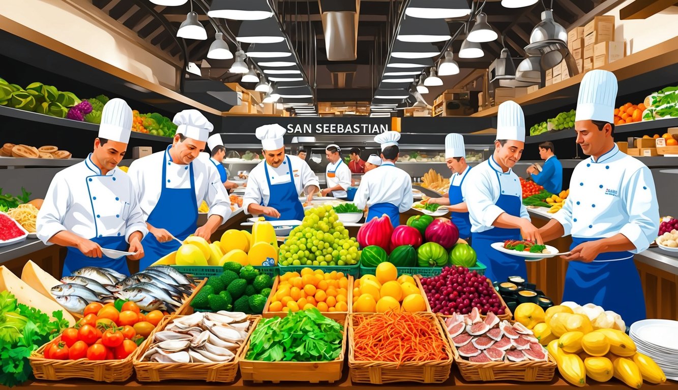 A bustling San Sebastian market filled with colorful produce, fresh seafood, and local cheeses. Chefs bustling about, creating traditional Basque dishes