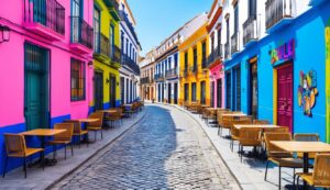 Cobblestone street lined with colorful buildings and outdoor cafe seating