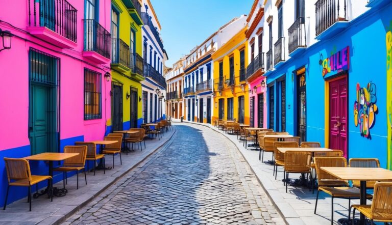 Cobblestone street lined with colorful buildings and outdoor cafe seating