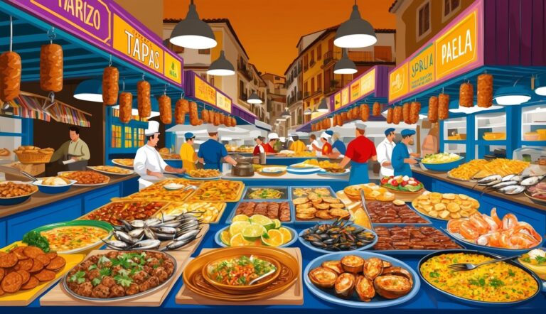 Illustration of a Spanish tapas market with various food displays and vendors