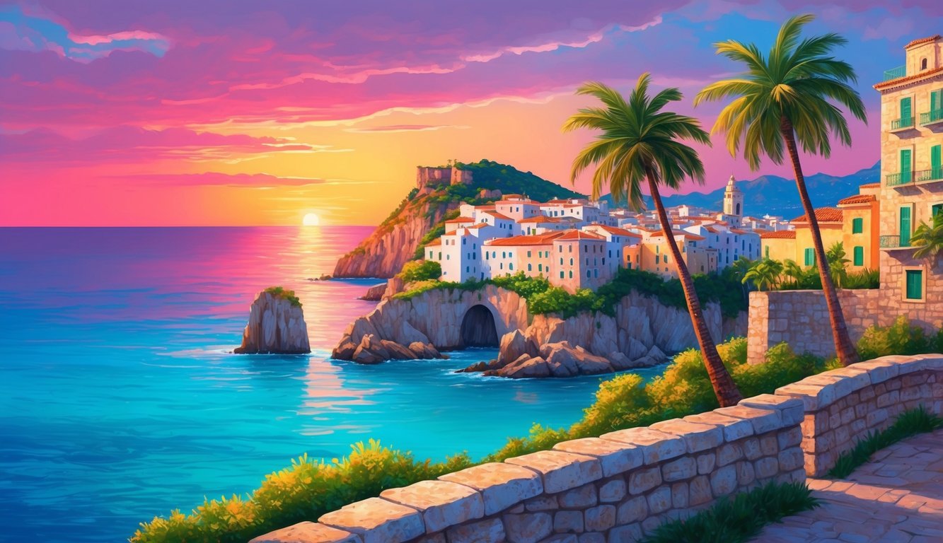 Coastal town at sunset with palm trees and colorful sky