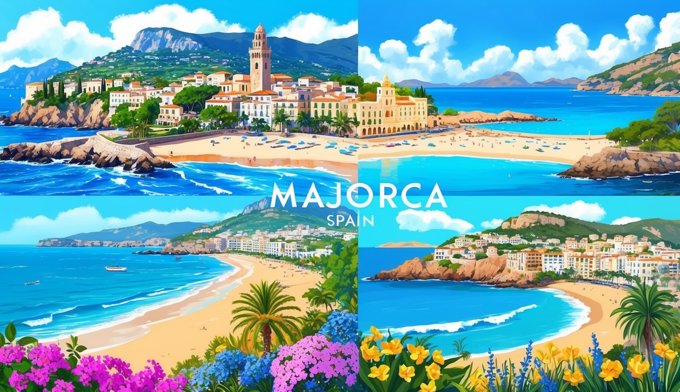 A colorful landscape of Majorca, Spain with blooming flowers, sunny beaches, and clear blue skies, capturing the beauty of the island in different seasons