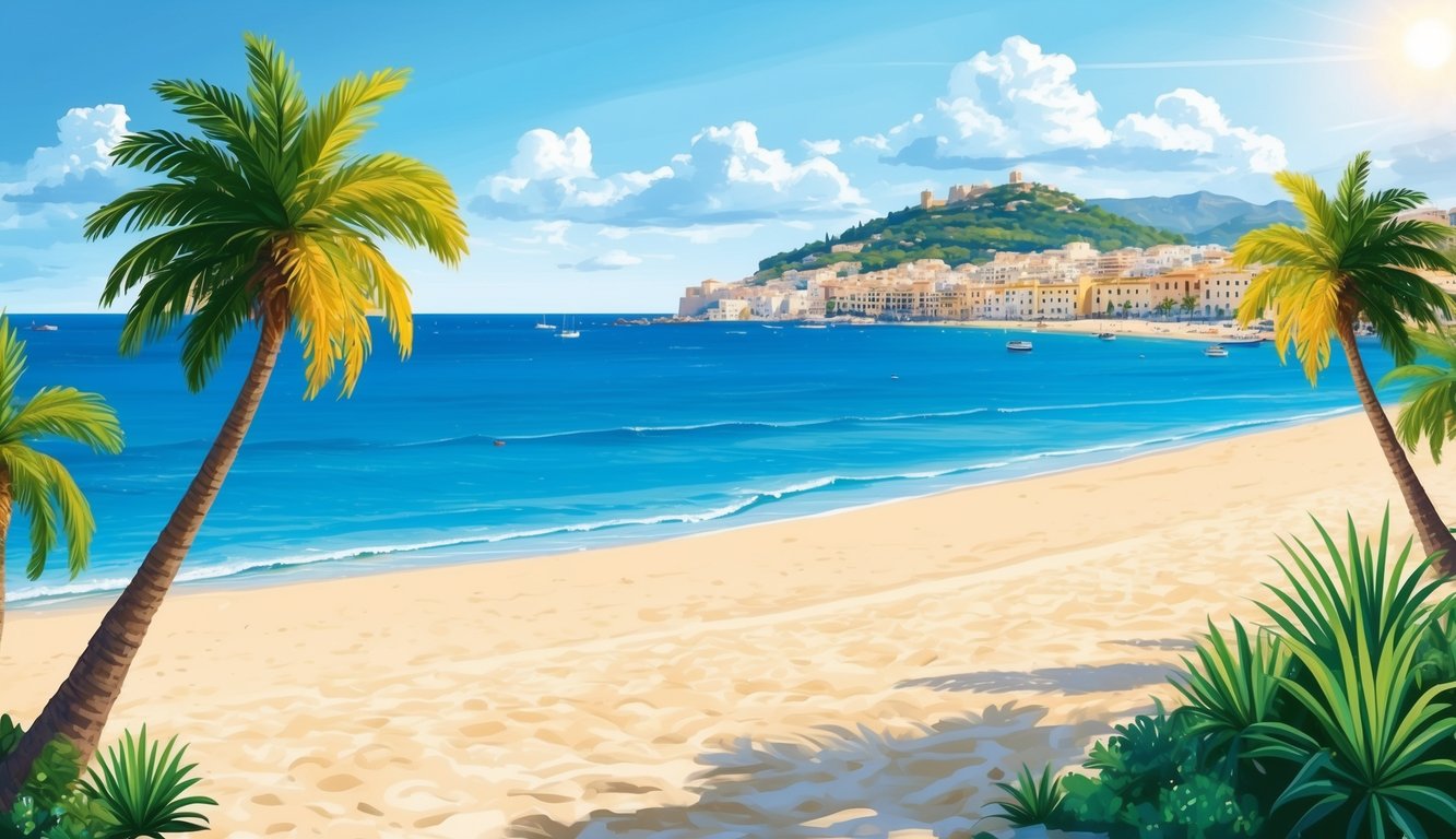 A sunny beach with clear blue water, palm trees, and a distant view of a picturesque town on the coast of Majorca, Spain