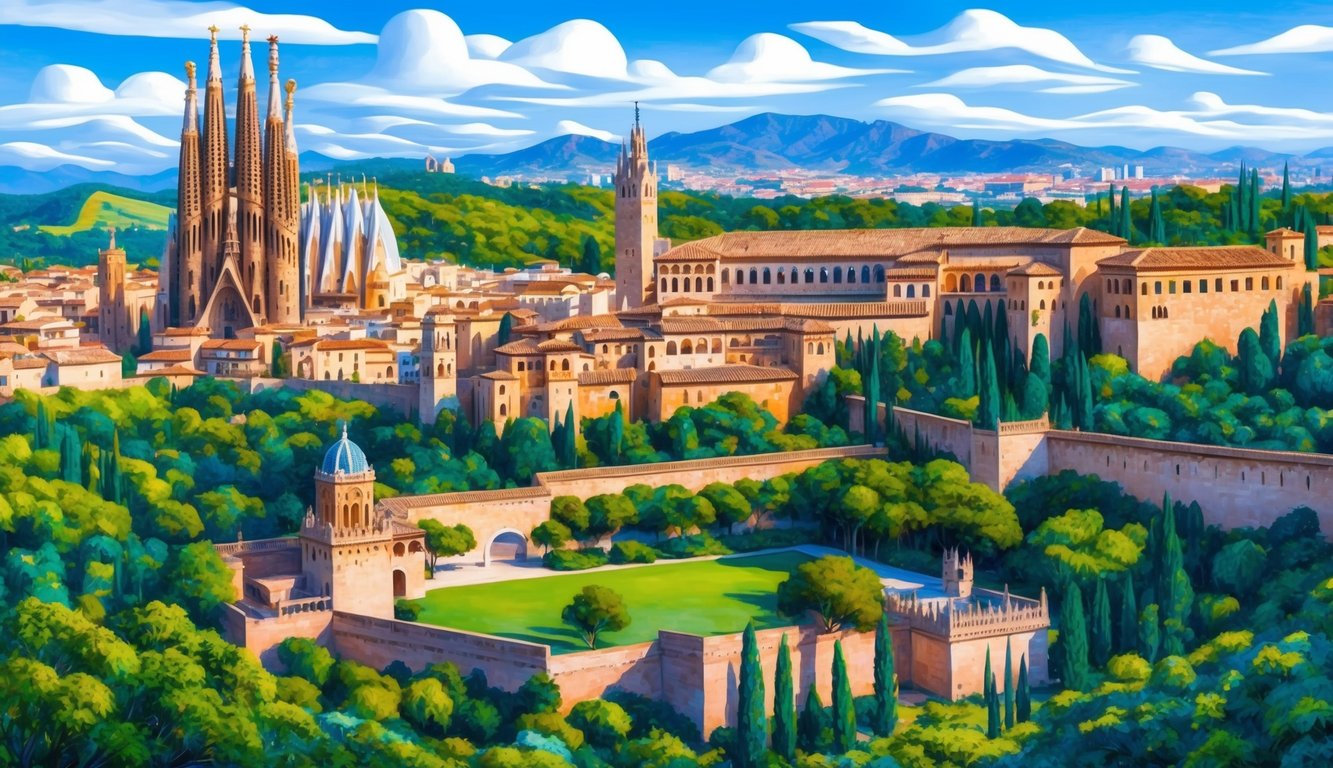Illustration of a city with the Sagrada Familia and a walled fortress