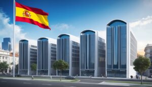 Spanish flag waving over modern buildings with arched tops