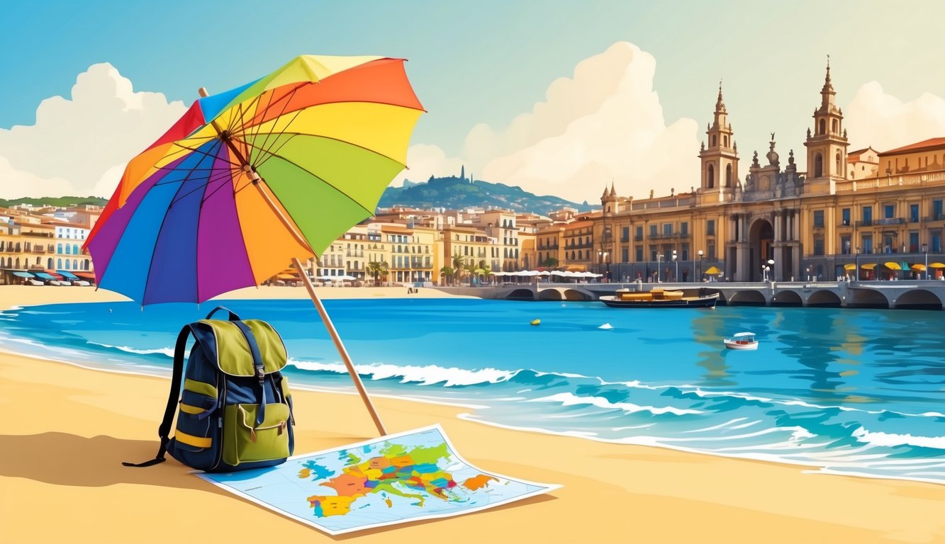 A sunny beach in Spain with a colorful umbrella, a map, and a backpack. Nearby, a bustling city with historic architecture and bustling streets