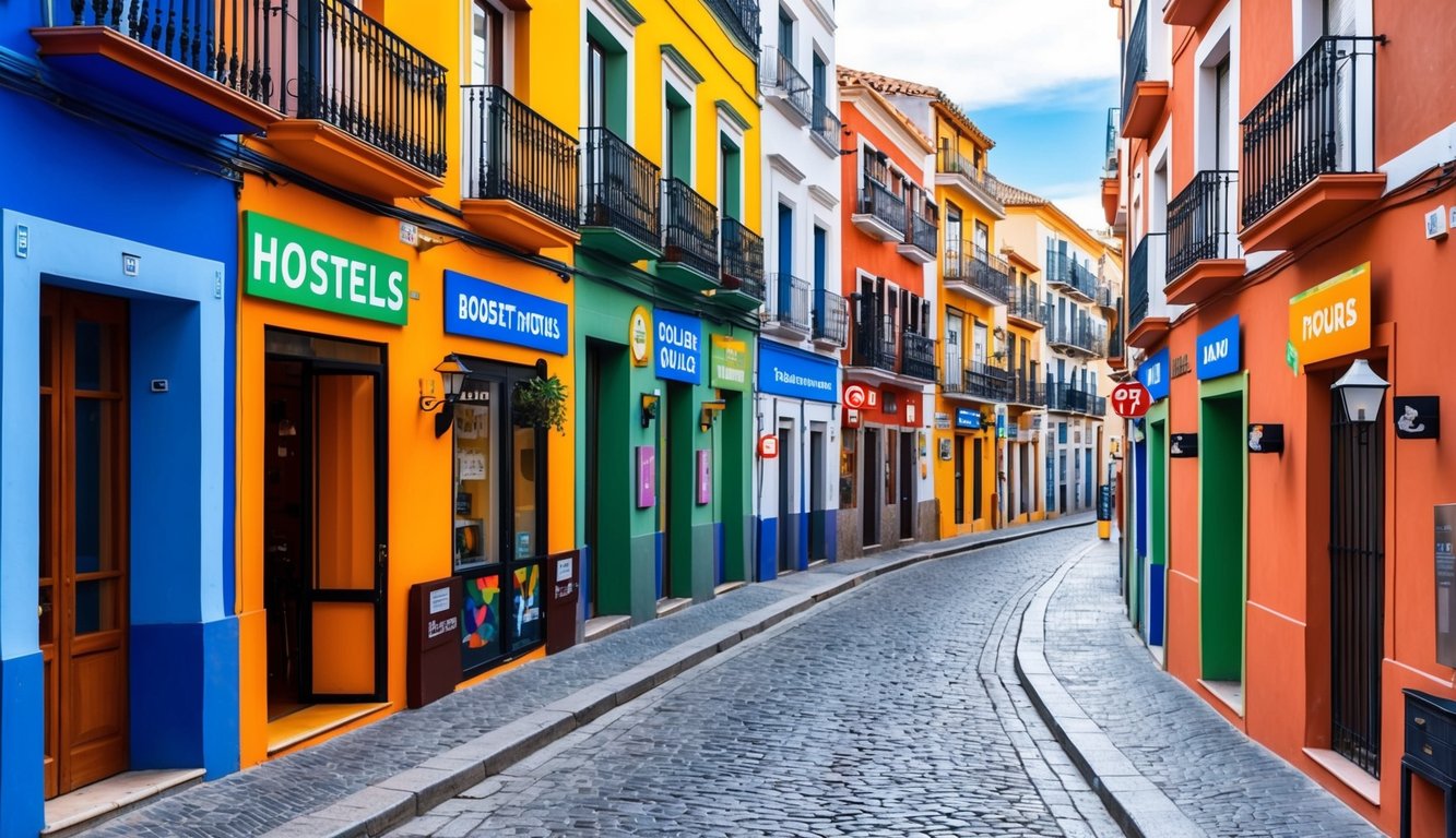 Colorful buildings line a cobblestone street, some with signs for hostels