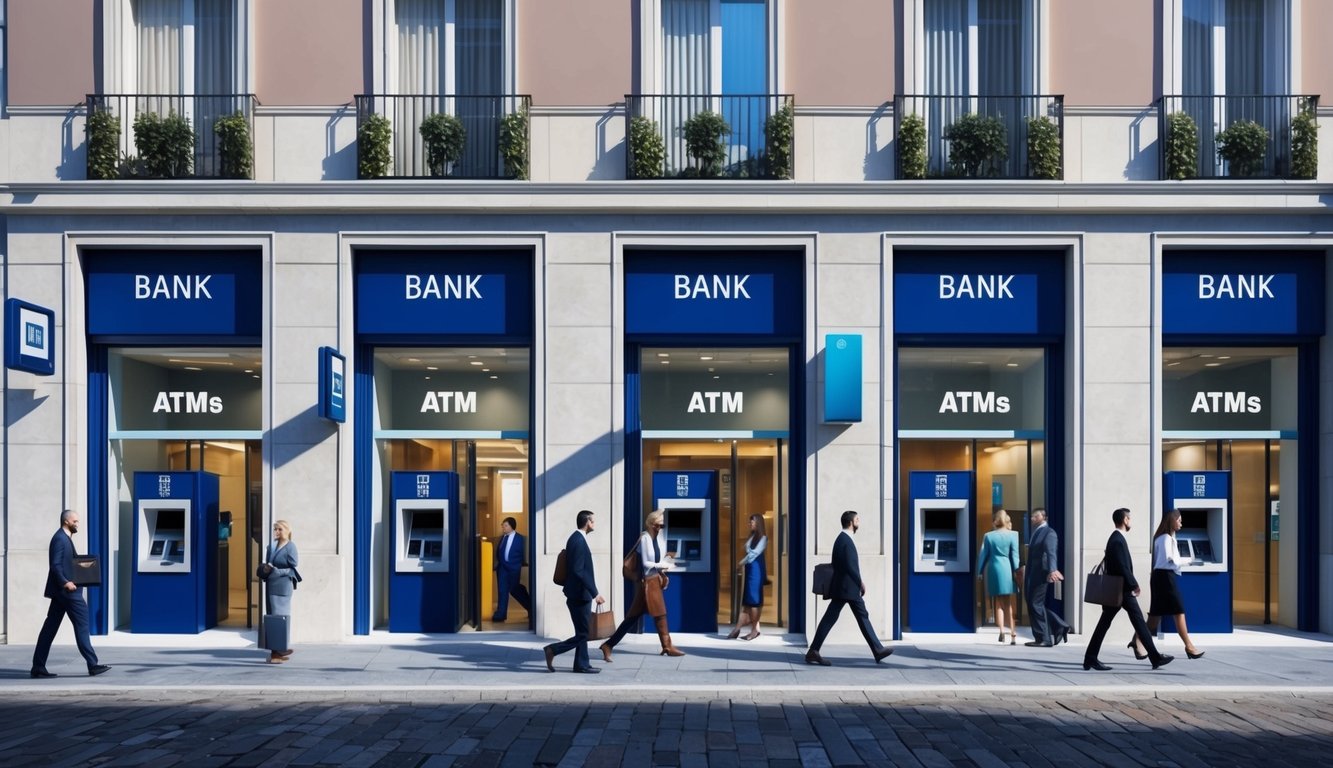 A row of five modern bank buildings in a bustling Spanish city, with people entering and exiting, and ATMs visible through the glass windows