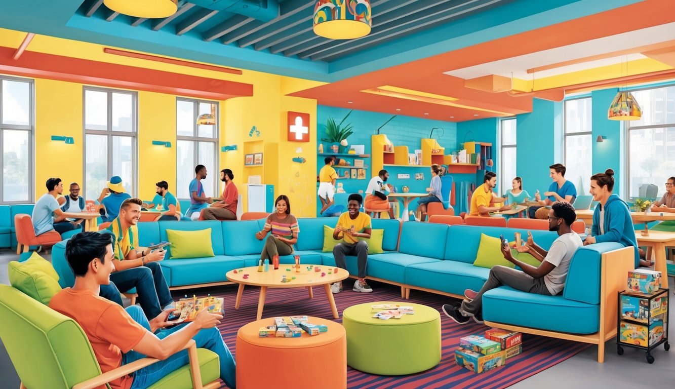 A bustling hostel common area with travelers socializing, playing games, and relaxing. Bright, colorful decor and comfortable seating create a welcoming atmosphere