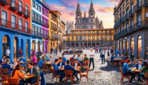 People dining at outdoor cafes in a colorful European square
