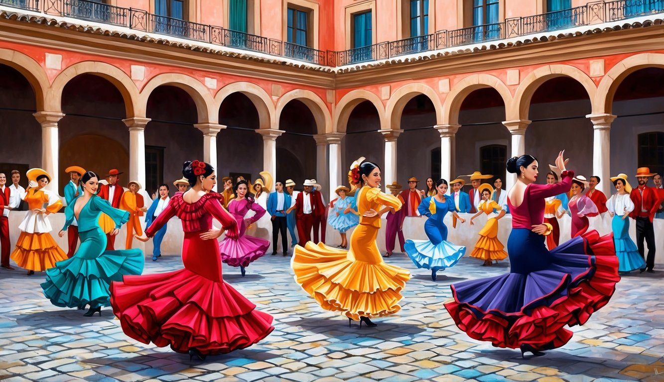 A vibrant flamenco performance in a historic Spanish courtyard, with colorful costumes and passionate dancing