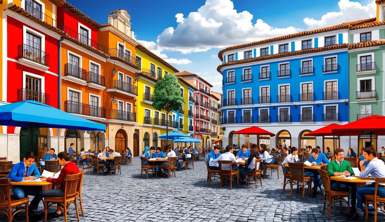 A bustling Spanish plaza with colorful buildings, cobblestone streets, and outdoor cafes filled with students studying and conversing in Spanish