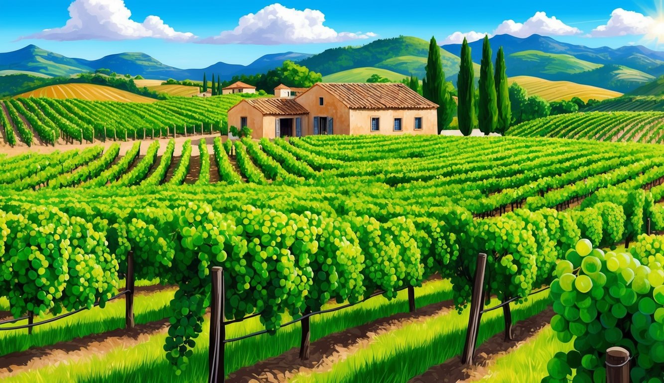 A vineyard in Spain, with rows of lush, green grapevines under a bright, sunny sky. A rustic winery in the background, surrounded by rolling hills and mountains