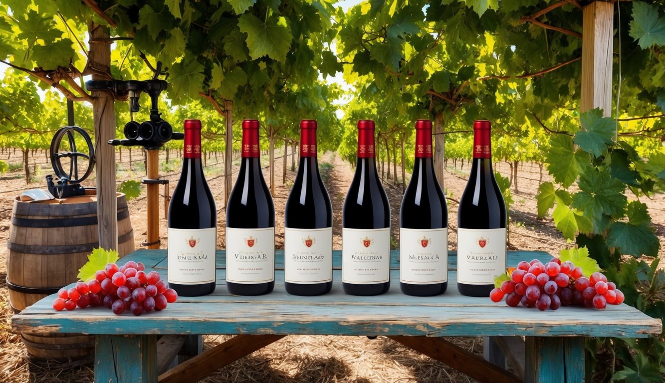 A rustic Spanish vineyard with six elegant red wine bottles displayed on a weathered wooden table, surrounded by traditional wine-making equipment and lush grapevines