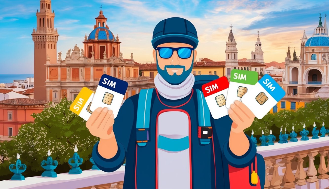 A traveler holding four different SIM cards with Spanish landmarks in the background