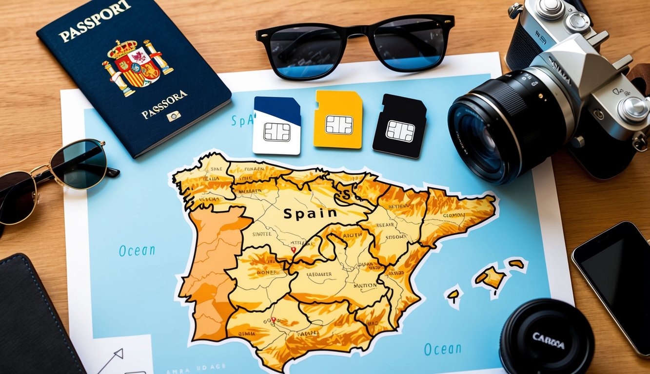 A map of Spain with four SIM cards displayed on top, surrounded by travel essentials like a passport, sunglasses, and a camera