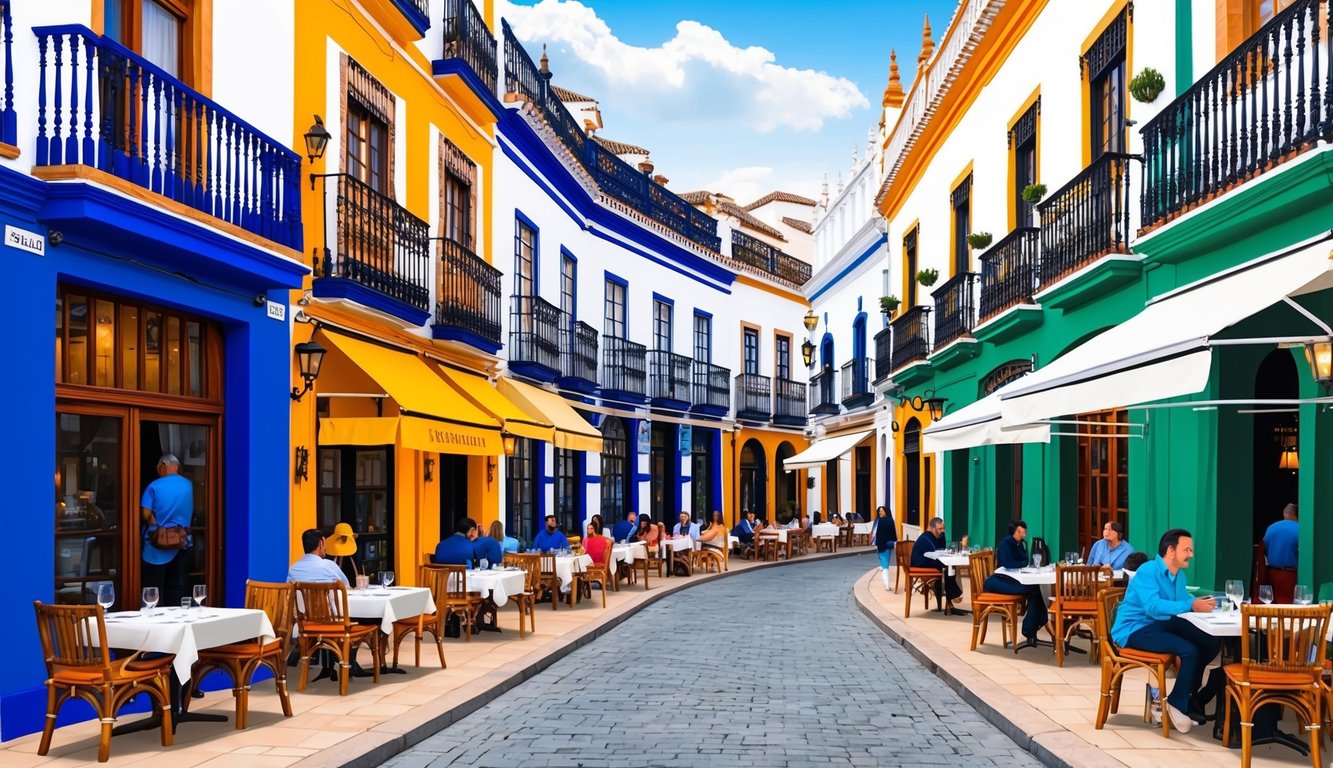 A bustling street in Seville, Spain, lined with eight acclaimed restaurants, each with its own unique style and charm. The colorful facades and inviting outdoor seating draw in locals and tourists alike