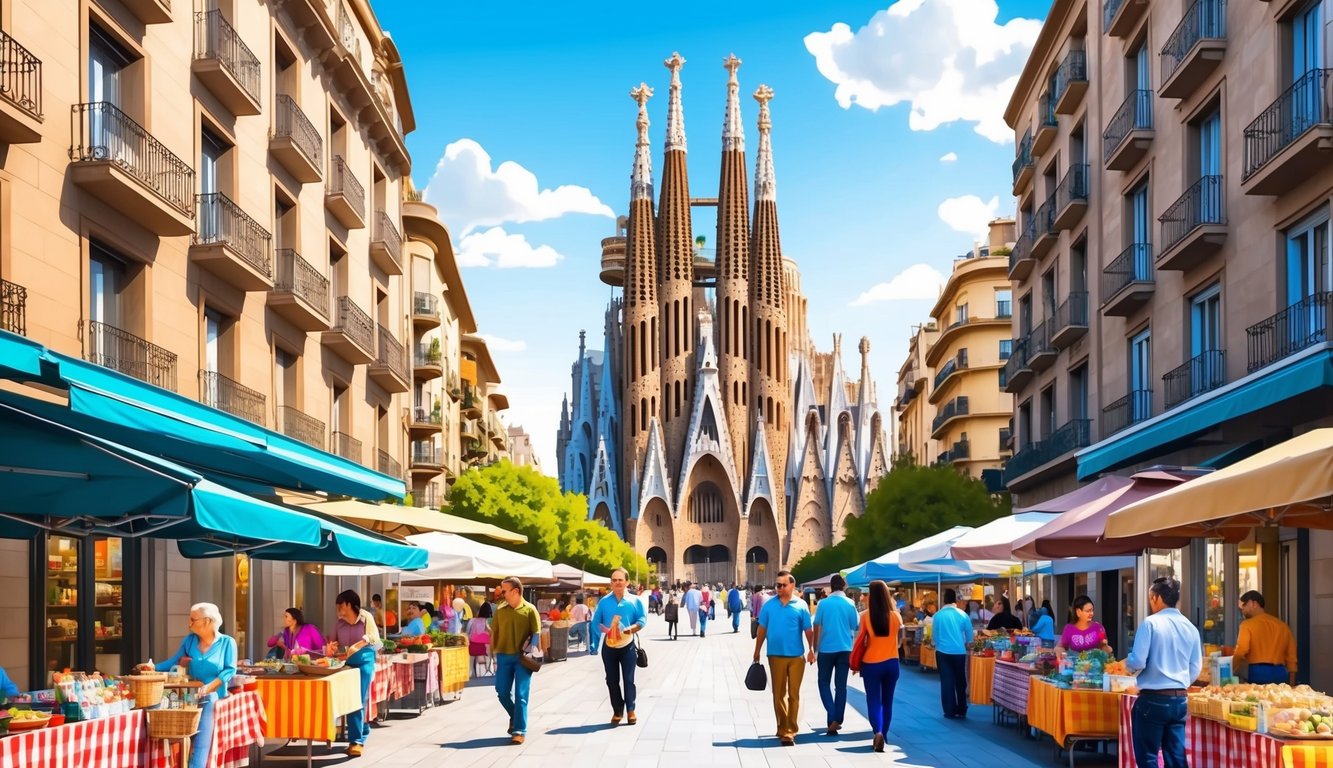 The iconic Sagrada Familia towers over the bustling streets of Barcelona, with colorful market stalls and outdoor cafes lining the sidewalks