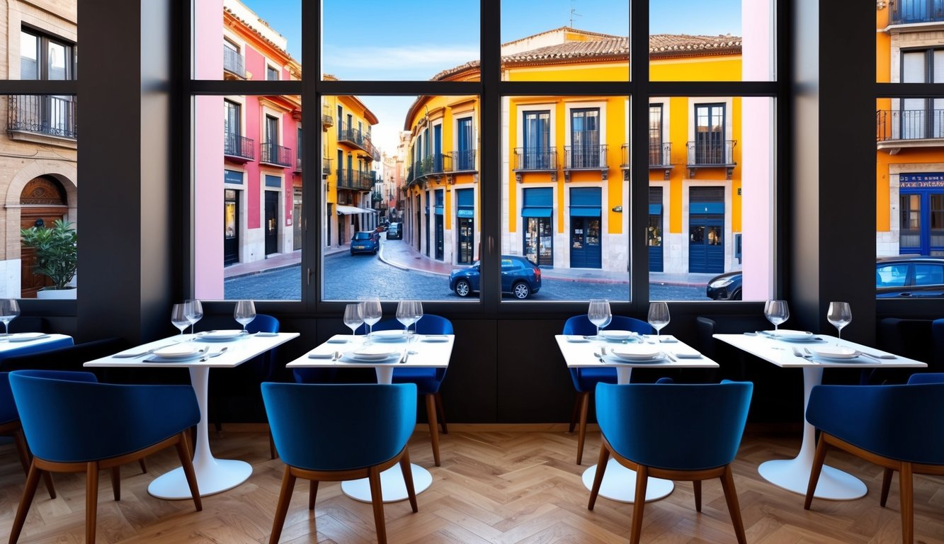 A stylish dining area with modern decor and large windows overlooking the vibrant streets of Valencia, Spain. Elegant tables and chairs are set for a luxurious dining experience