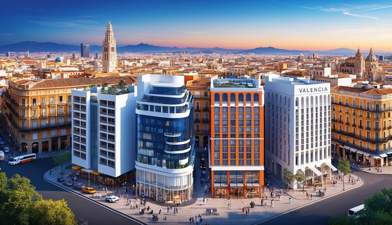 A vibrant cityscape with five distinct, modern hotels set against the backdrop of Valencia, Spain's iconic architecture and bustling streets